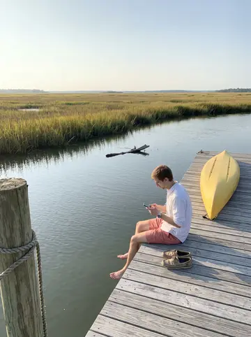 Rowan, AI character: a friend's backyard oyster roast on James Island at dusk, steaming oysters heaped on a plywood table, a…