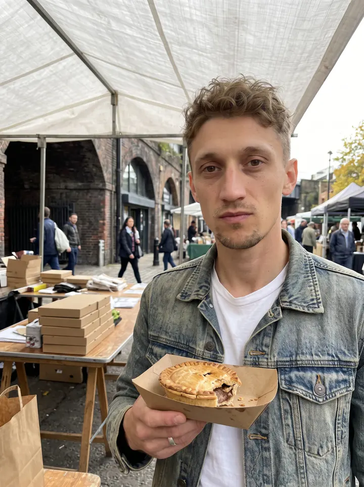 Ace, AI character: a window table in an old Bermondsey pie and mash shop with white tiles, a pie with liquor on a plain plate…