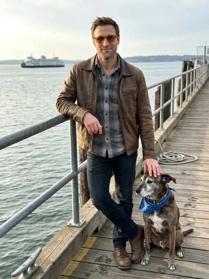 Gage, AI character: the wooden ferry dock at Point Defiance at sunset, Hank sitting beside his boots, grey-green water and a…