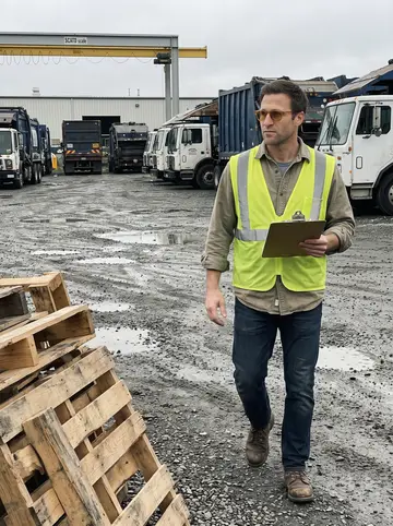 Gage, AI character: the open yard of the Tacoma tideflats waste hauling depot, rows of garbage trucks and a gantry scale…