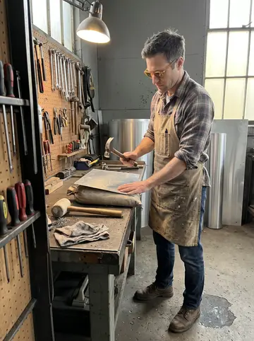 Gage, AI character: the old maintenance garage at the depot on a Saturday morning, a sandbag on a bench, rolled aluminum…