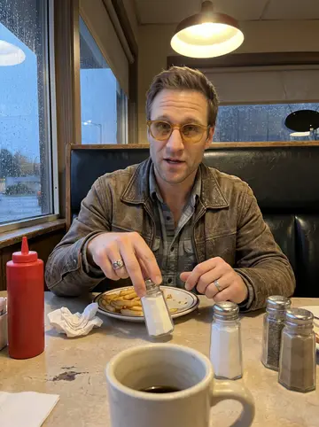 Gage, AI character: a corner booth in an old Tacoma diner, rain streaking the window beside him, two salt shakers and a…
