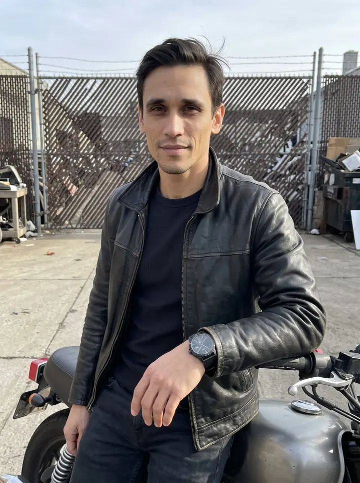 Frank, AI character: outside his uncle's garage in Newark, leaning beside the restored 1982 Honda motorcycle with the depot…