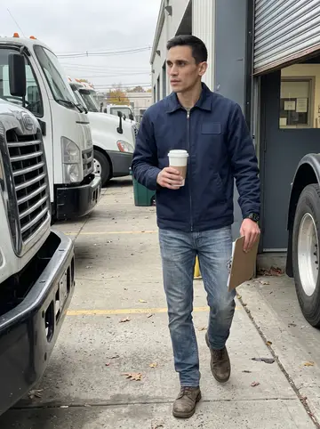 Frank, AI character: early morning at the waste hauling depot yard in Newark, walking between parked trucks and the small…
