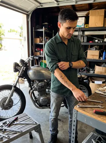 Frank, AI character: inside his uncle's garage with the old Honda partly apart, tools laid out on a low metal bench