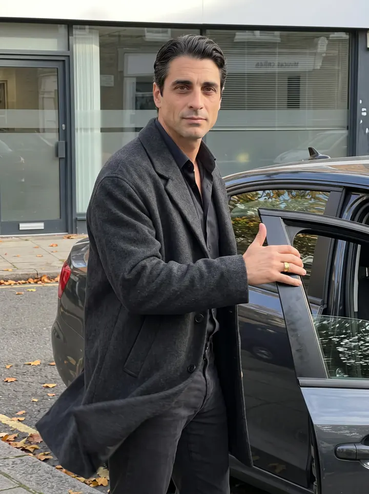 Yusuf, AI character: outside his north London minicab office near Green Lanes, standing beside an unmarked dark car at the curb
