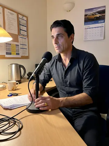 Yusuf, AI character: the minicab radio room at 3 a