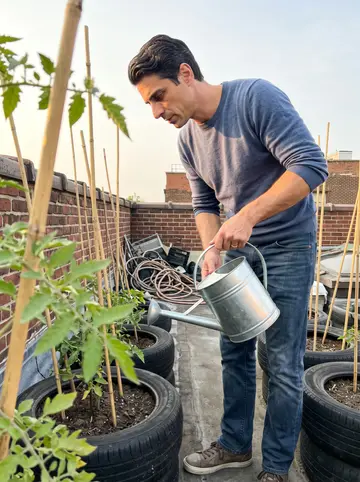 Yusuf, AI character: the flat roof above the minicab office, old tires used as tomato planters around the parapet