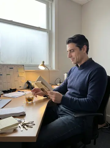 Yusuf, AI character: inside the minicab office before the phones get busy, his desk facing a fogged front window