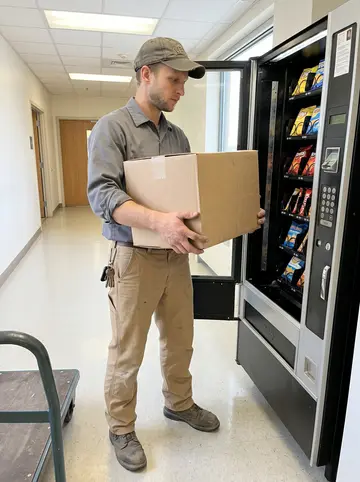 Preston, AI character: a bright hospital service hallway in Albany, beside a vending machine with the front panel open and…