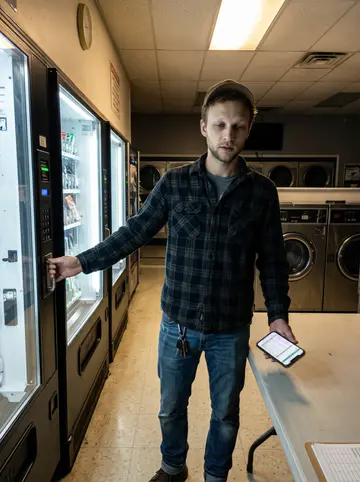 Preston, AI character: a laundromat off Central Avenue after closing time, vending machines glowing beside rows of washers and a…