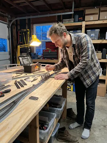 Preston, AI character: his cold garage in Albany with a Hudson Valley rail-network model spread across a plywood table, tiny…