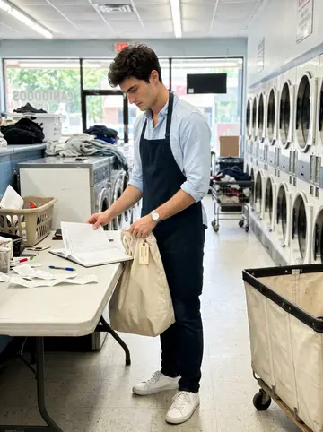 Luke, AI character: inside the laundromat between two rows of dryers, laundry carts and folding tables around him