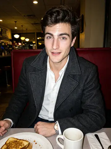 Luke, AI character: a small diner two blocks from his new place, red vinyl booth, grilled cheese plate and coffee mug on the table