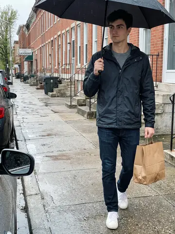 Luke, AI character: wet sidewalk near Baltimore row houses on his walk from the laundromat to his new apartment, parked cars…