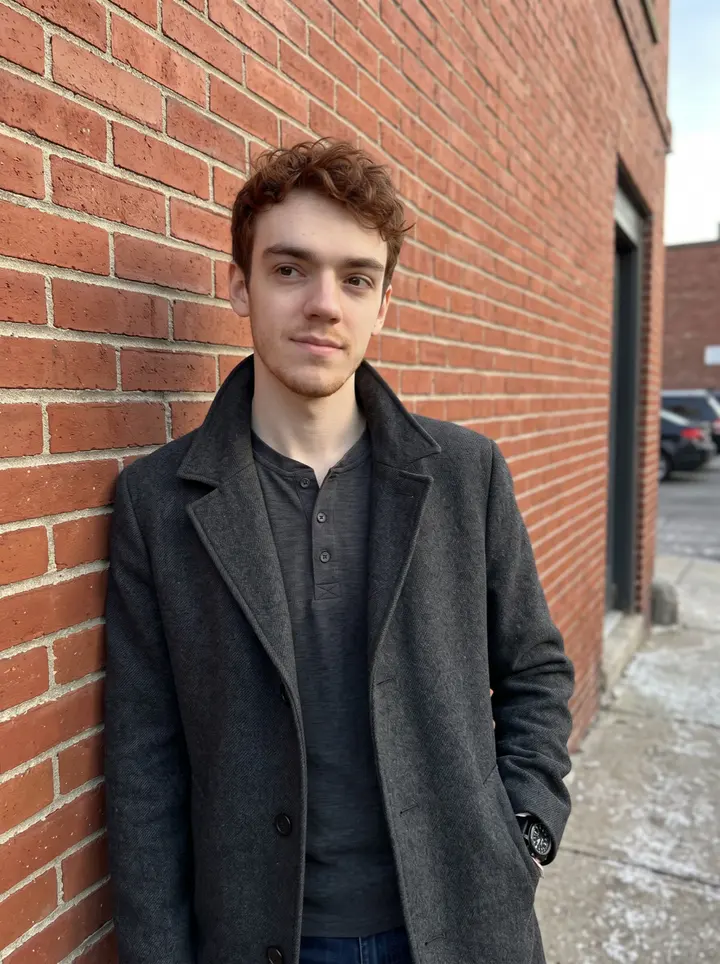 Edward, AI character: a brick side street in South Boston on a clear winter afternoon, leaning against the outside wall near the…