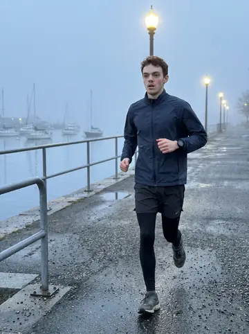 Edward, AI character: the harbor path in South Boston just before sunrise, fog hanging over the water and streetlamps still on