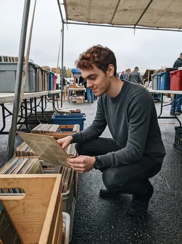 Edward, AI character: an outdoor flea market record stall near Boston, crates of old vinyl under a canvas awning