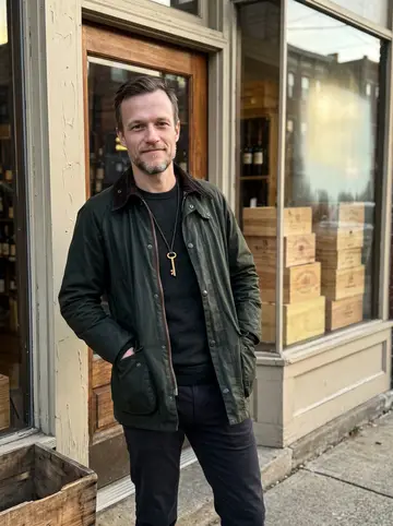Marc, AI character: outside his small Pittsburgh wine shop just after closing, leaning against the painted doorframe with…