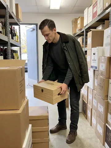 Marc, AI character: a narrow wine storage room behind the shop, cardboard import cases stacked along both walls