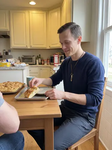 Marc, AI character: his elderly Portuguese neighbor's bright kitchen in Pittsburgh, a tray of focaccia cooling on the counter
