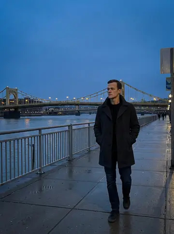 Marc, AI character: the Allegheny river walk in Pittsburgh at blue hour, wet pavement and bridges behind him