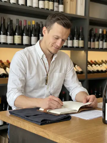Marc, AI character: the shop counter in the morning before opening, a leather tasting journal open beside a few unopened bottles