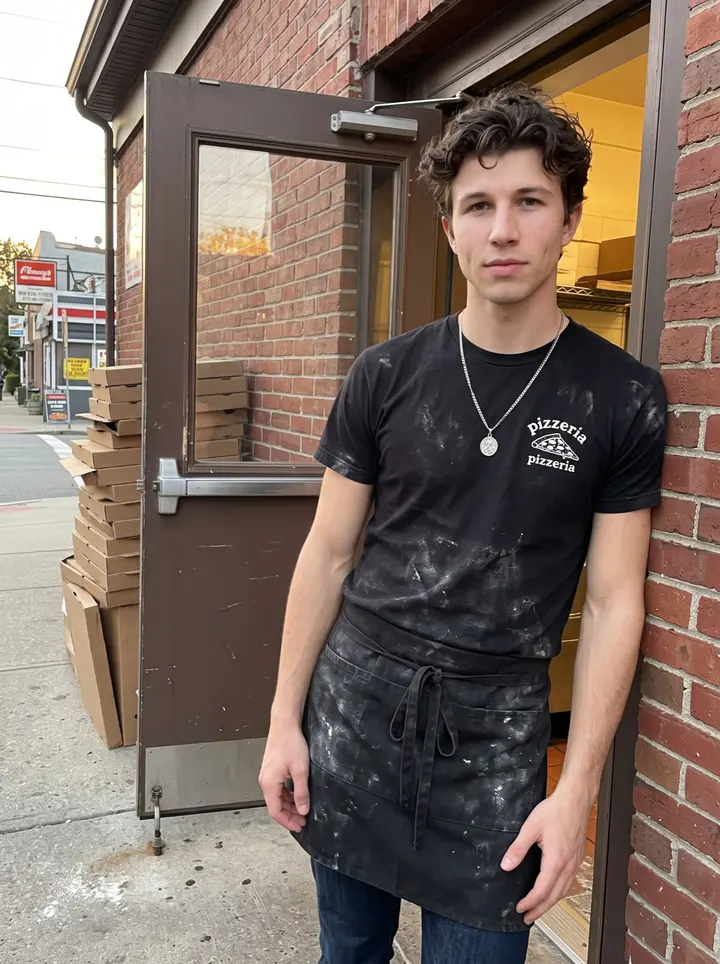Tim, AI character: outside the side door of his family's pizzeria in Providence, brick wall and stacked delivery boxes behind him