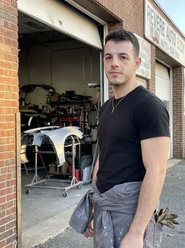 Alexander, AI character: outside his Revere auto body shop by the open bay door, fresh-painted fender panels on a rolling rack…