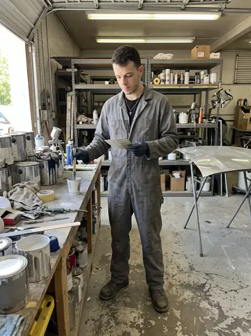 Alexander, AI character: inside the paint-mixing corner of his auto body shop in Revere, shelves of unlabeled paint cans and a…