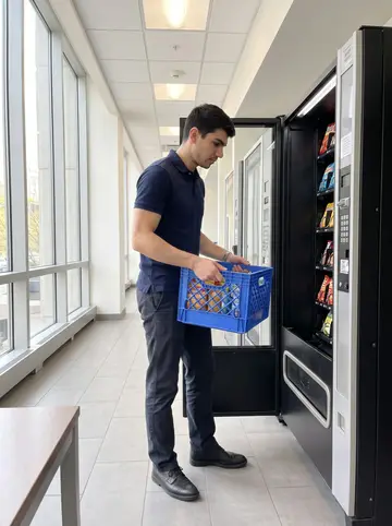 Jermaine, AI character: an office lobby in downtown Baltimore beside a row of vending machines he services
