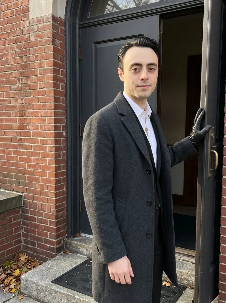 Arthur, AI character: outside the side entrance of his family funeral home in Providence, standing in the doorway after a service