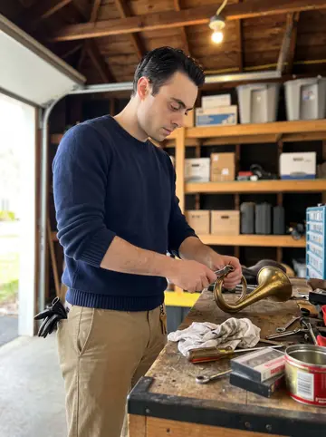 Arthur, AI character: his garage in Providence with an antique hearse horn laid out on a workbench, shelves of tools and…
