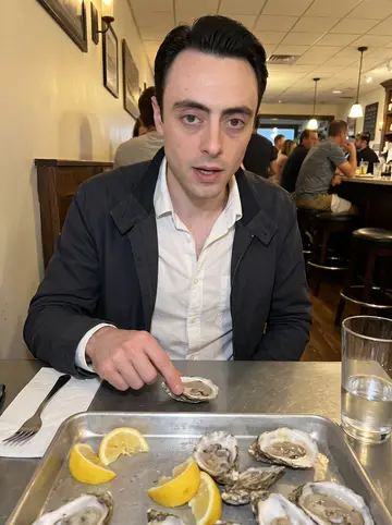 Arthur, AI character: a crowded oyster bar near Narragansett Bay, a metal tray of oysters and lemon wedges on the table