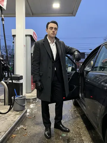 Arthur, AI character: a quiet Providence gas station at blue hour beside his dark sedan after one of his late solitary drives