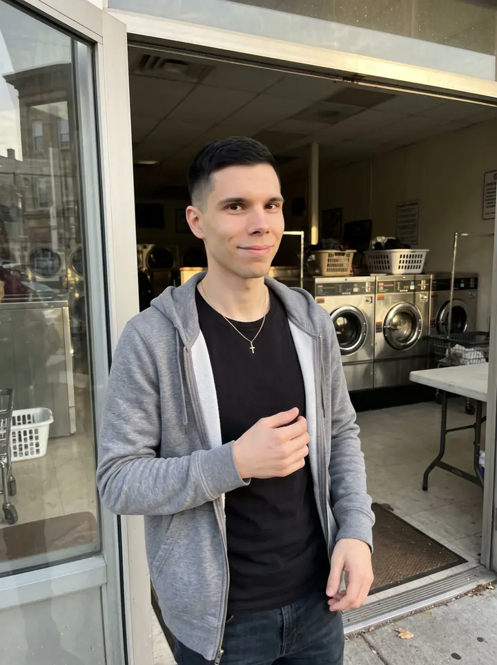 Leon, AI character: outside his Newark laundromat doorway in late afternoon, rows of silver washers visible through the glass…