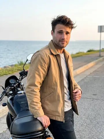 Derrick, AI character: a Lake Erie overlook east of Cleveland just after sunrise, standing beside his black motorcycle with the…