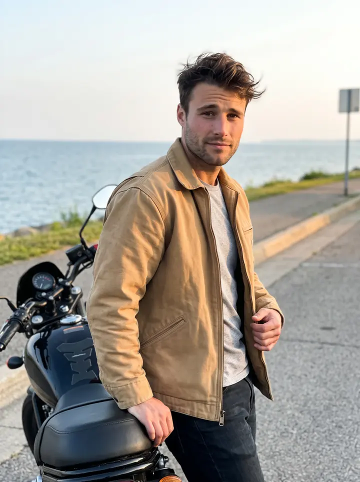 Derrick, AI character: a Lake Erie overlook east of Cleveland just after sunrise, standing beside his black motorcycle with the…