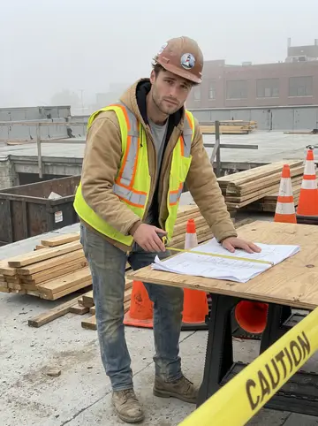 Derrick, AI character: a Cleveland demolition site rooftop before the first wall comes down, orange cones and a roll-off dumpster…