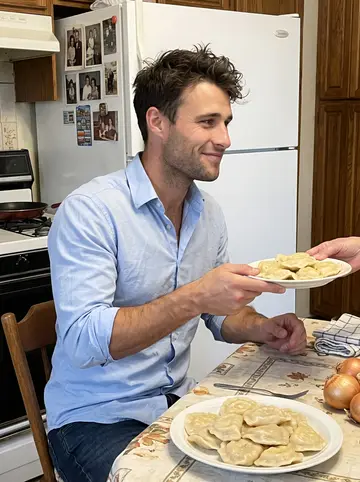 Derrick, AI character: his grandmother's kitchen in Parma, a plate of pierogi and onions on the table, old family photos on the…