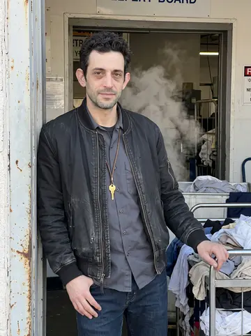Knox, AI character: outside the open loading bay of his Baltimore commercial laundry, steam drifting out behind stacked linen…