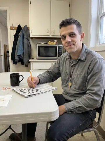 Knox, AI character: small break room above the laundry office, plastic table, crossword folded beside a mug of black tea