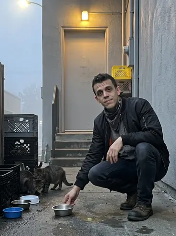 Knox, AI character: the alley behind the laundry just before dawn, stacked crates by the back door and a few neighborhood…