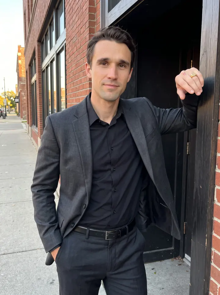 Phoenix, AI character: outside his Detroit nightclub just before opening, framed in the dark doorway with the street and brick…
