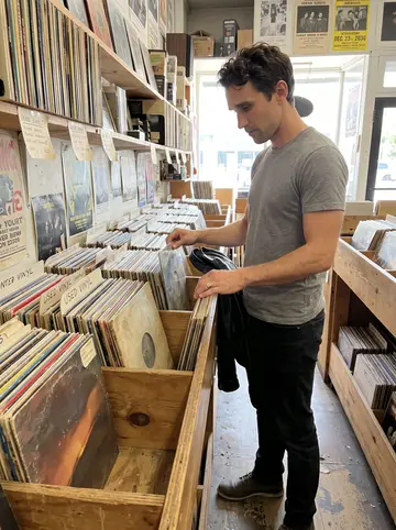 Phoenix, AI character: a small Detroit record shop aisle, standing beside bins of used vinyl on a bright weekend afternoon