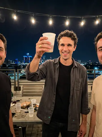 Phoenix, AI character: a humid summer night on a rooftop after a Detroit Pistons watch party, two friends partly cropped at the edges