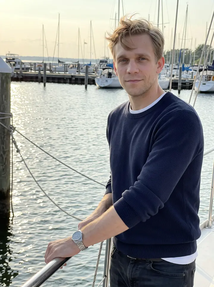 Jelle, AI character: on a borrowed sloop at a Grand Haven marina on Lake Michigan, standing by the rail with the water and low…