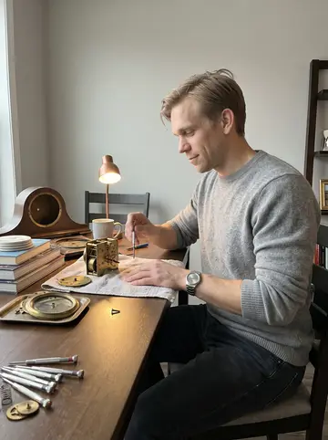 Jelle, AI character: his apartment dining table in Grand Rapids, old mantel clock parts spread across a towel beside a mug of…