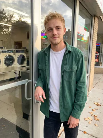 Teun, AI character: outside the glass door of his Wealthy Street laundromat in Grand Rapids, late afternoon, the neon laundry…