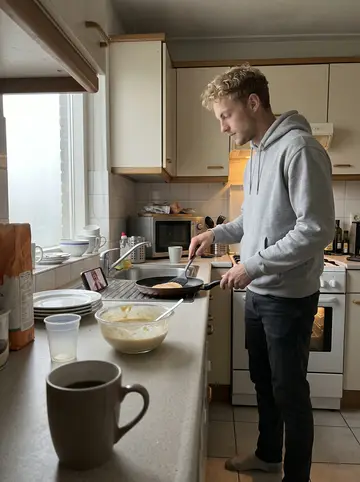 Teun, AI character: the small apartment kitchen above the laundromat on a foggy Sunday morning, pancake batter bowl, coffee…